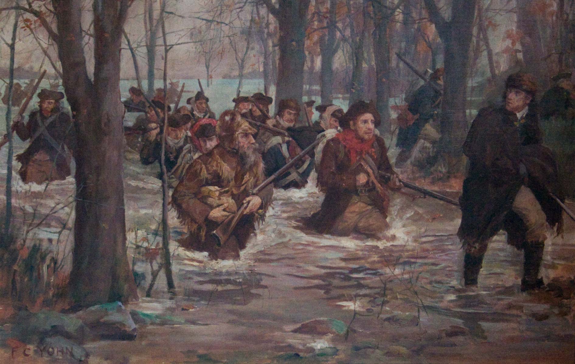 a 1898 color oil painting on canvas by F. C. Yohn of a battle during the Revolutionary War. Soldiers travelled across Horse Shoe Plain, four miles of wading in water, sometimes breast high.